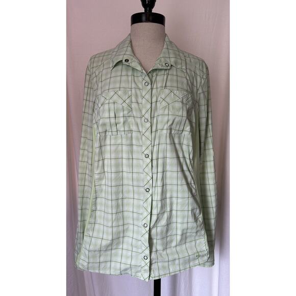 REI Green Plaid Long Sleeve Blouse Top Nylon Spandex Stretch Womens XL - Picture 1 of 8